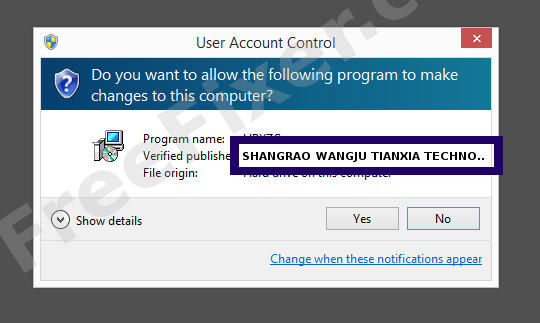 Screenshot where SHANGRAO WANGJU TIANXIA TECHNOLOGY CO.,LTD. appears as the verified publisher in the UAC dialog